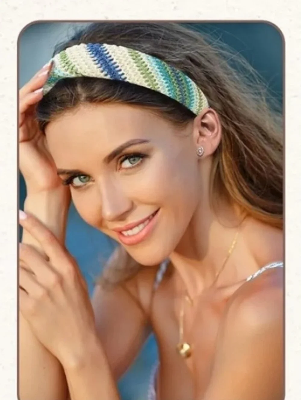 Raffia Woven Striped Blue Green Cream Headband